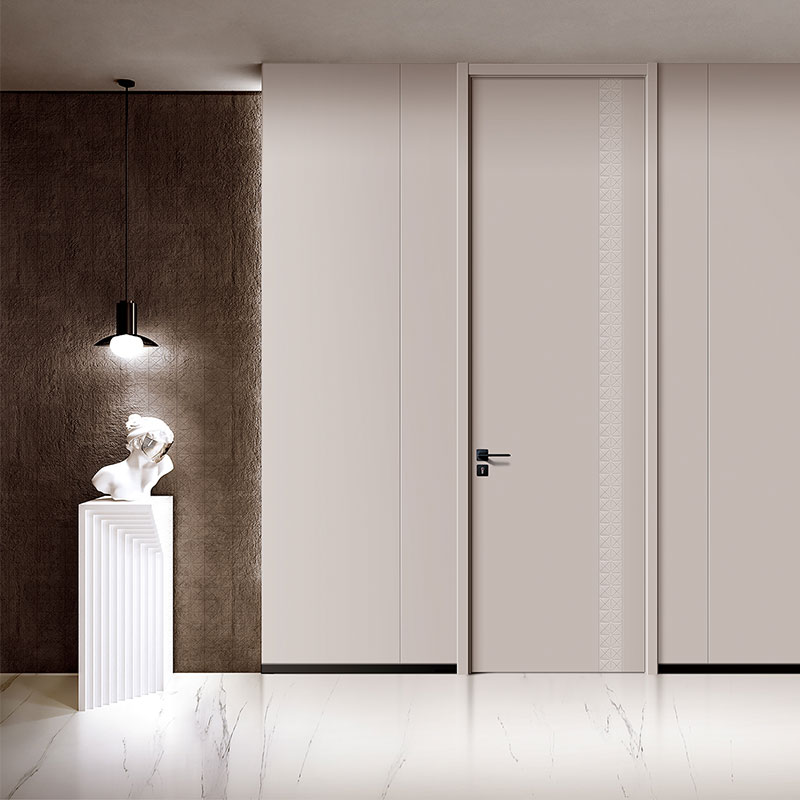 Puerta de madera de dormitorio gris con patrón geométrico